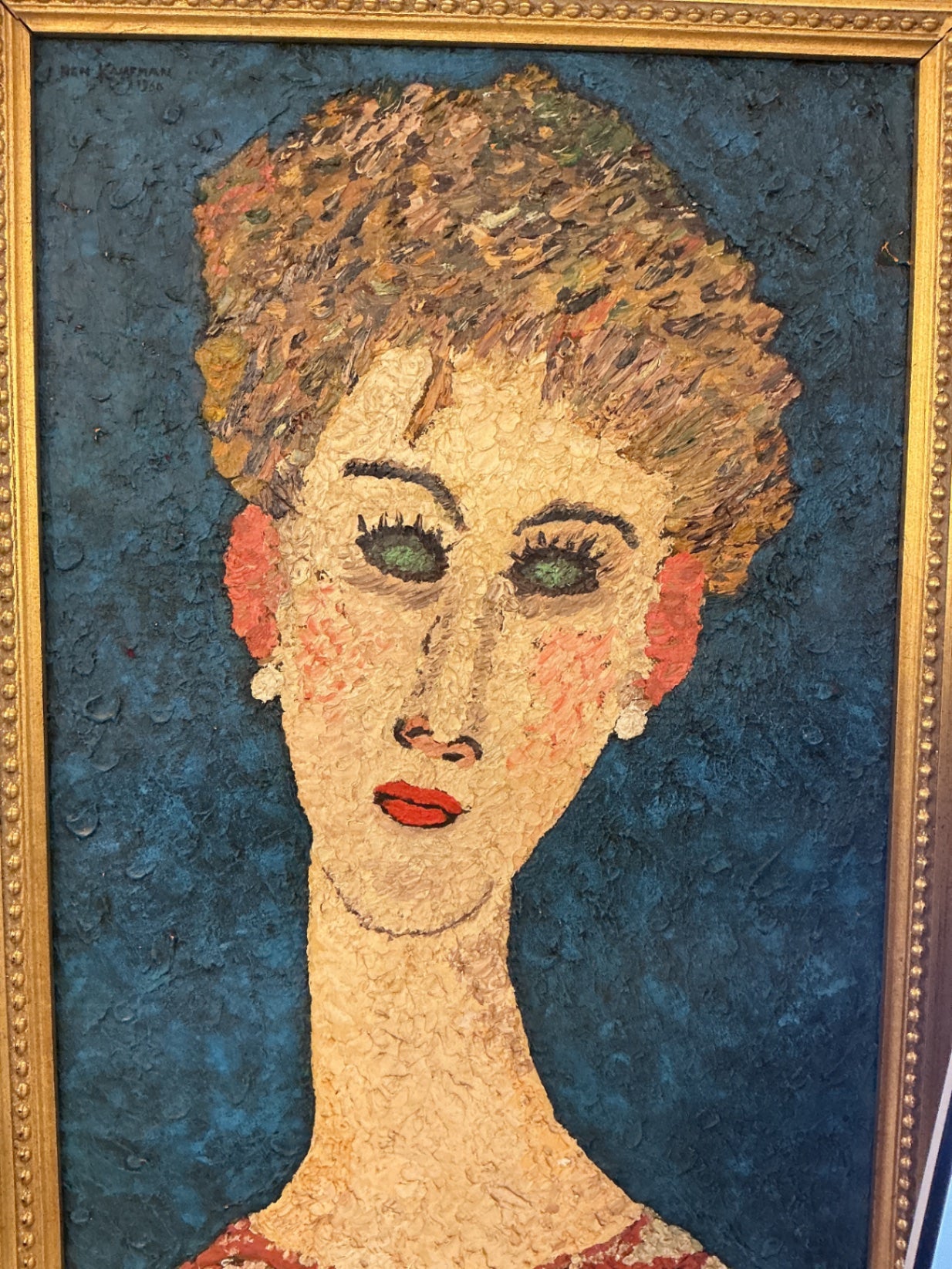 1968 B.M. Kaufman Hand-Painted Reproduction of Amedeo Modigliani “A Blond Wearing Earrings” Textured Oil Painting, 20" x 28"
