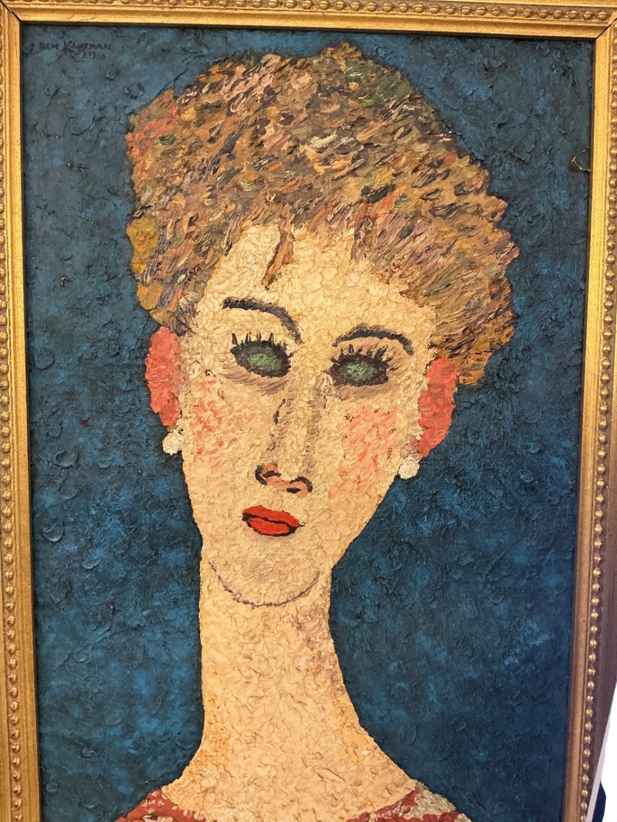 1968 B.M. Kaufman Hand-Painted Reproduction of Amedeo Modigliani “A Blond Wearing Earrings” Textured Oil Painting, 20" x 28"
