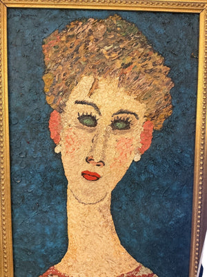 1968 B.M. Kaufman Hand-Painted Reproduction of Amedeo Modigliani “A Blond Wearing Earrings” Textured Oil Painting, 20" x 28"