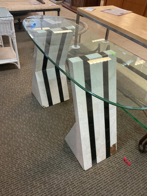 Tessellated Marble Table Bases by Maitland Smith With Glass Top 30x40 (Damage to Veneer)