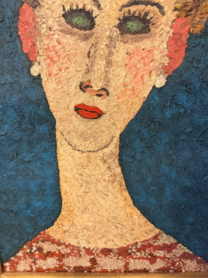 1968 B.M. Kaufman Hand-Painted Reproduction of Amedeo Modigliani “A Blond Wearing Earrings” Textured Oil Painting, 20" x 28"