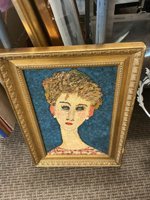 1968 B.M. Kaufman Hand-Painted Reproduction of Amedeo Modigliani “A Blond Wearing Earrings” Textured Oil Painting, 20" x 28"