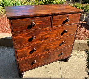 Flame Mahogany Chest of Drawers with 2-Over-3 Drawer and Turned Bun Feet 43” x 20 1/4” x 42 1/2” tall