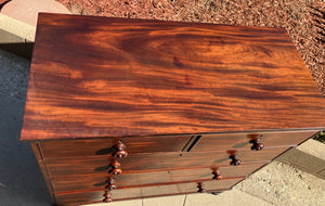 Flame Mahogany Chest of Drawers with 2-Over-3 Drawer and Turned Bun Feet 43” x 20 1/4” x 42 1/2” tall 