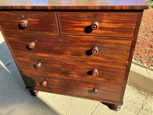 Flame Mahogany Chest of Drawers with 2-Over-3 Drawer and Turned Bun Feet 43” x 20 1/4” x 42 1/2” tall 