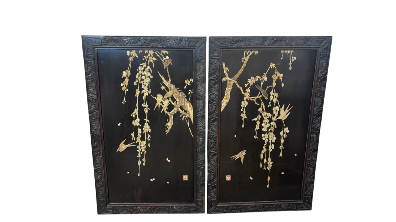 2 Chinese Carved Hardstone Bird Panels in Carved Frames PAIR (24x40)