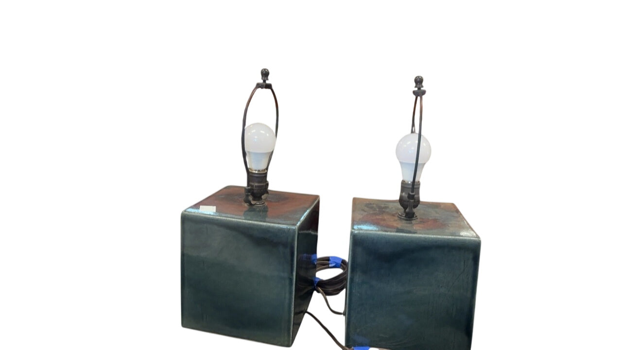 Dark Green Glazed Ceramic Cube Table Lamps