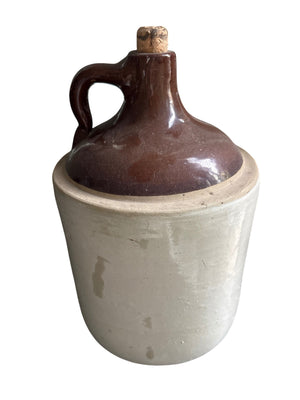 Vintage Two-Tone Salt-Glazed Stoneware Utility Jug with Brown Albany-Slip Glaze and Cork Stopper