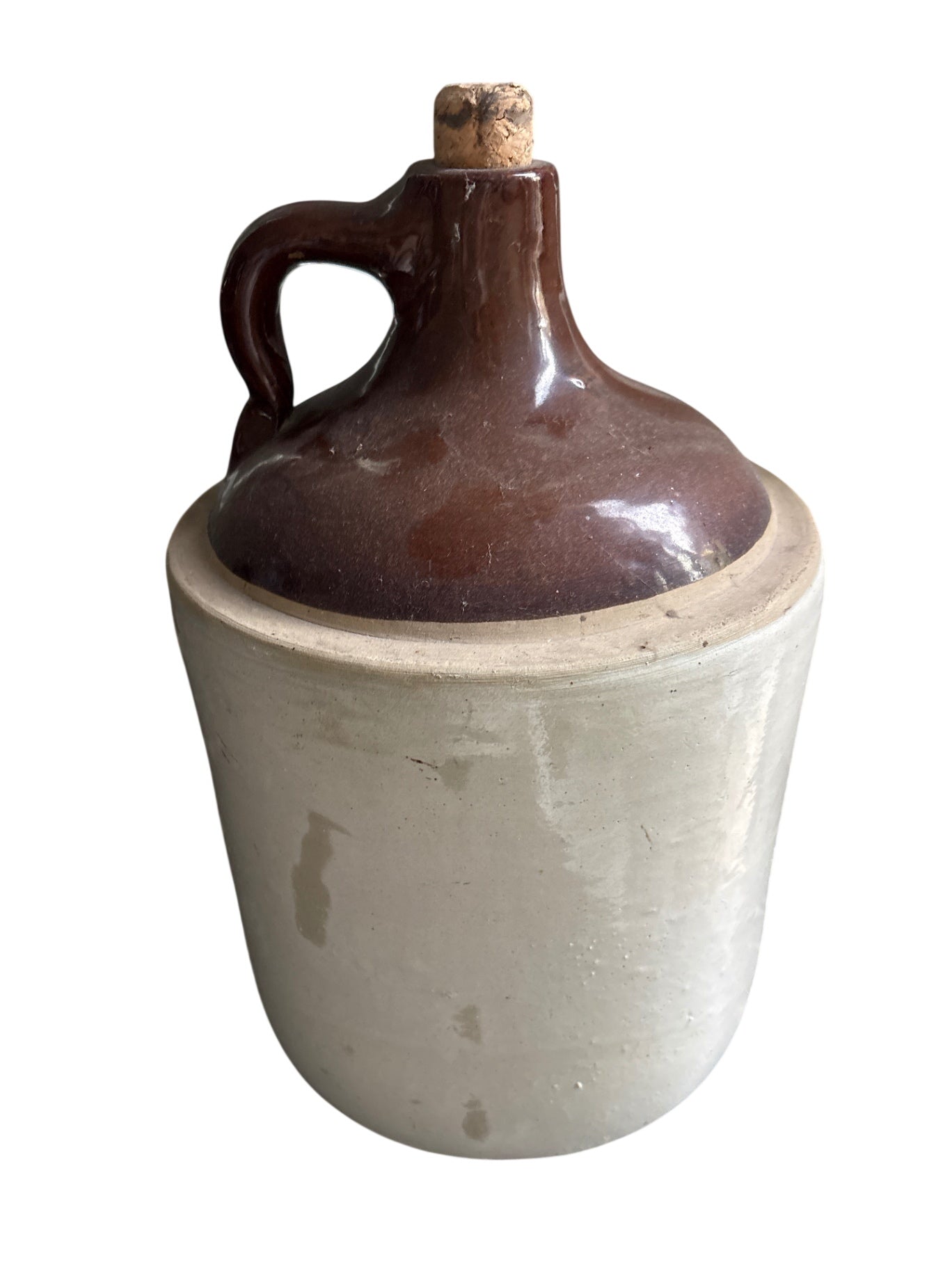 Vintage Two-Tone Salt-Glazed Stoneware Utility Jug with Brown Albany-Slip Glaze and Cork Stopper