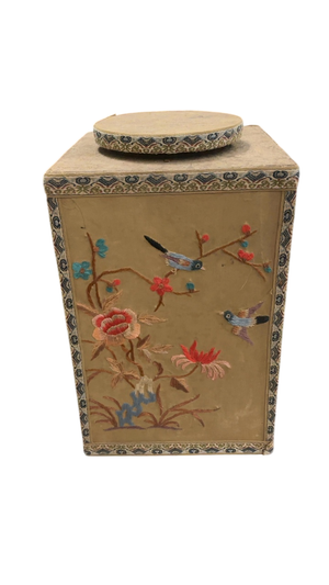 Vintage Chinese Silk Embroidered Tea Canister with Lid – 11” x 7”
