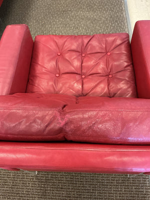 Vintage Red Leather & Lucite Sofa with Pair of Lounge Chairs