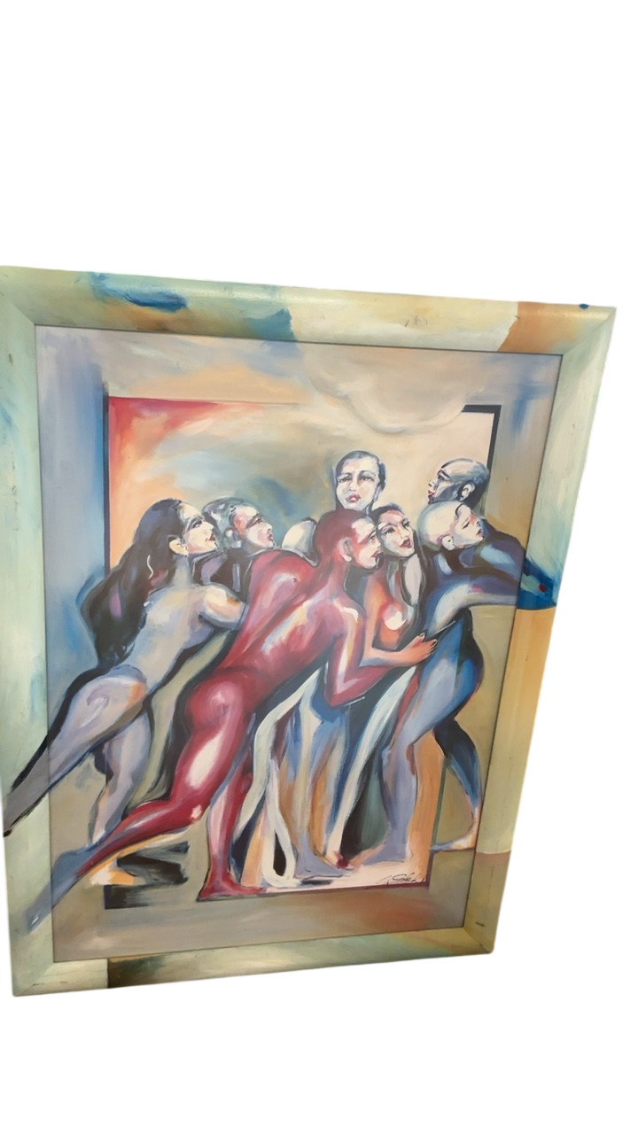 Artist-Signed Contemporary Figurative Painting with Hand-Painted Frame – 44” x 33”