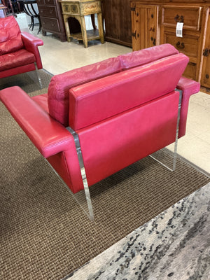 Vintage Red Leather & Lucite Sofa with Pair of Lounge Chairs