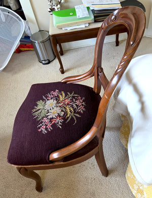 Pair of Vintage Rosewood Parlor Chairs with Curved Carved Backs and Floral Needlepoint-Style Needlepoint Upholstered Seats