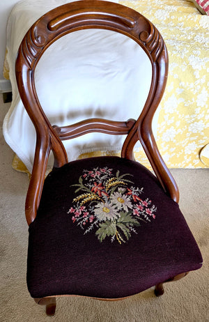 Pair of Vintage Rosewood Parlor Chairs with Curved Carved Backs and Floral Needlepoint-Style Needlepoint Upholstered Seats
