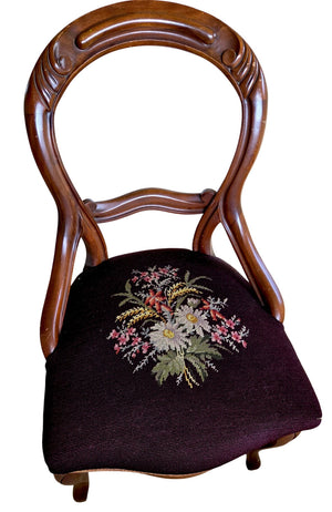 Pair of Vintage Rosewood Parlor Chairs with Curved Carved Backs and Floral Needlepoint-Style Needlepoint Upholstered Seats