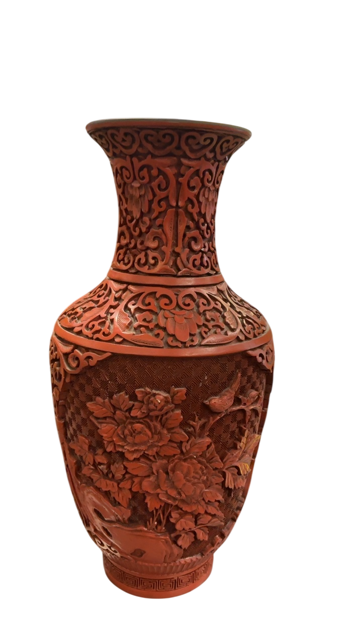 Chinese-Style Carved Red Cinnabar Vase – 13” x 6”