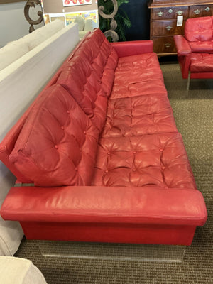Vintage Red Leather & Lucite Sofa with Pair of Lounge Chairs
