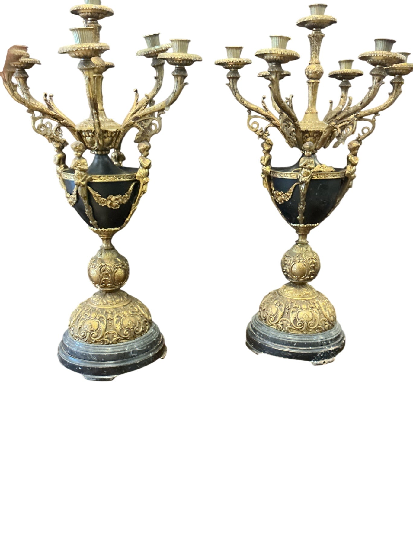 Pair of Neoclassical Empire  Style Figural Gilt Metal Candelabras – 27"