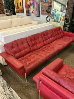 Vintage Red Leather & Lucite Sofa with Pair of Lounge Chairs