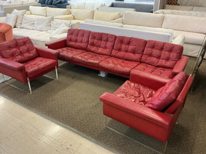 Vintage Red Leather & Lucite Sofa with Pair of Lounge Chairs