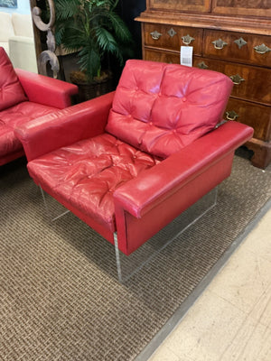 Vintage Red Leather & Lucite Sofa with Pair of Lounge Chairs