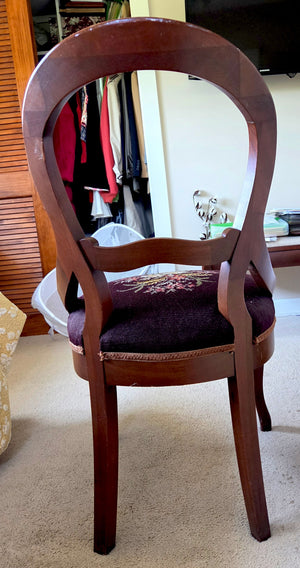 Pair of Vintage Rosewood Parlor Chairs with Curved Carved Backs and Floral Needlepoint-Style Needlepoint Upholstered Seats