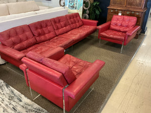 Vintage Red Leather & Lucite Sofa with Pair of Lounge Chairs