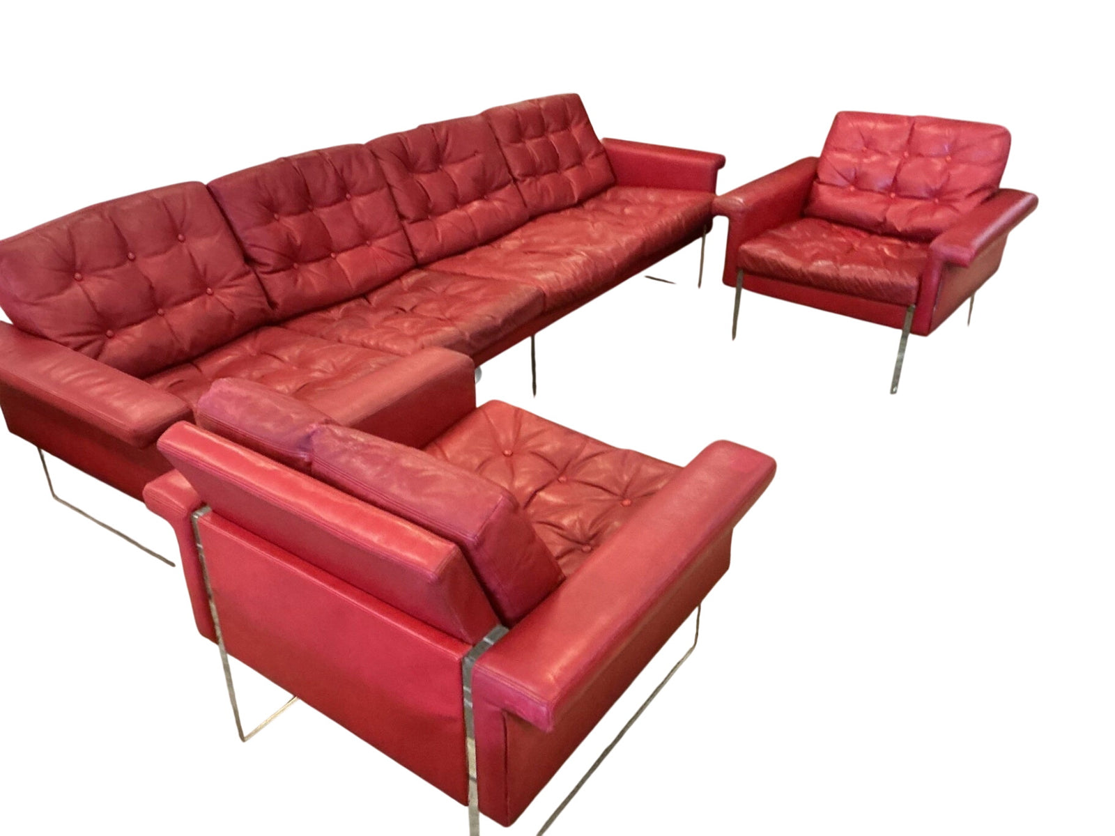 Vintage Red Leather & Lucite Sofa