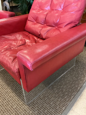 Vintage Red Leather & Lucite Sofa with Pair of Lounge Chairs