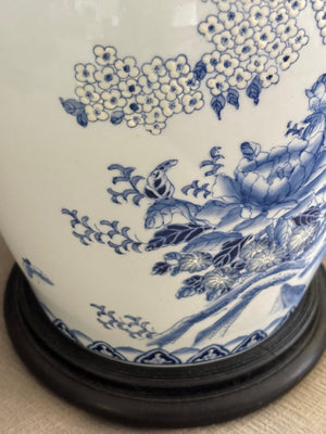 White Ginger Jar Table Lamp with Blue Chinoiserie Floral Pattern