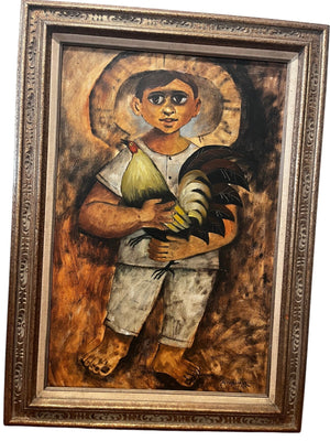 Francisco “Paco” Gorospe Sy (1939–2002) Oil on Canvas “Child Holding a Rooster,” 1969 with Ornate Gold-Tone Framed Wall Art 24 x 36