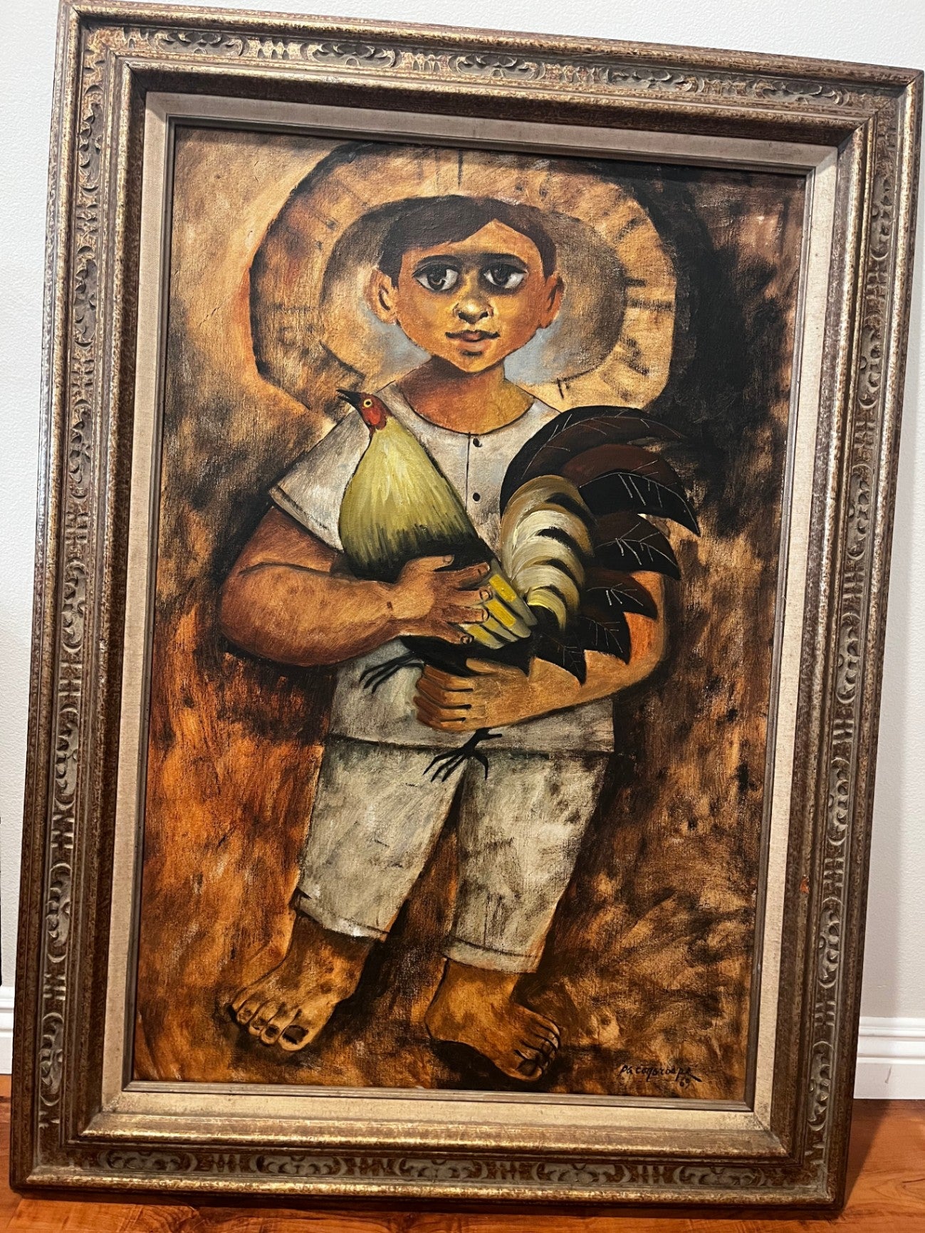 Francisco “Paco” Gorospe Sy (1939–2002) Oil on Canvas “Child Holding a Rooster,” 1969 with Ornate Gold-Tone Framed Wall Art 24 x 36