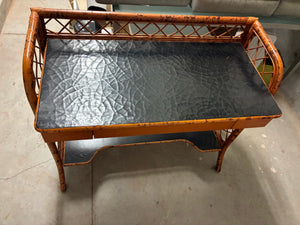 Vintage British Colonial Style Writing Desk with Burnt Bamboo Frame and Black Lacquered Cracked Top
