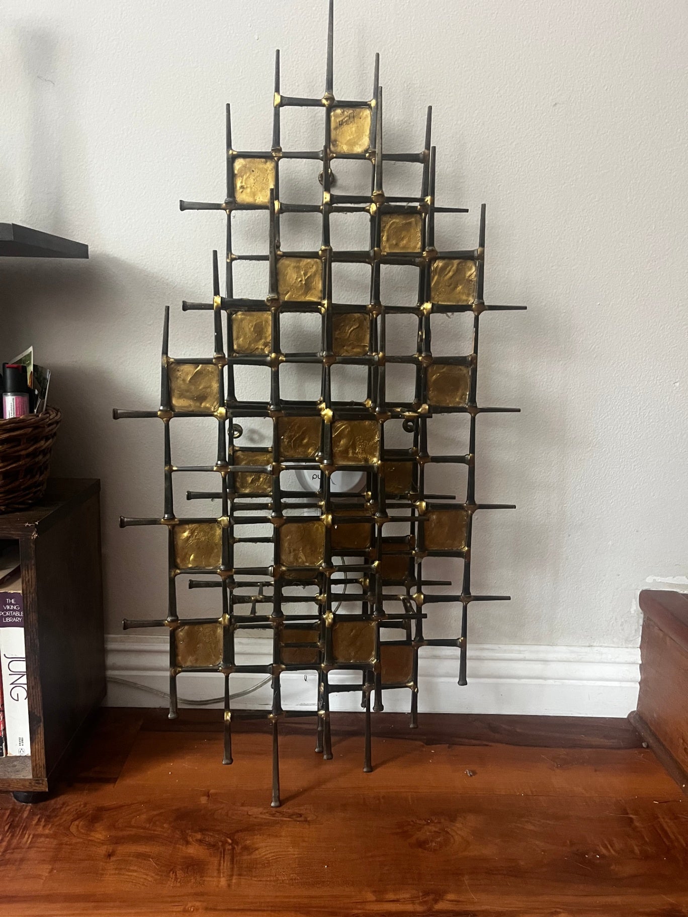 Large Brutalist Metal Wall Sculpture by Ron Schmidt with Grid “Nail Art” Design and Hammered Gold-Tone Accents