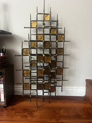 Large Geometric Brutalist Wall Sculpture by Ron Schmidt with Grid “Nail Art” Design and Gold-Tone Hammered Accents