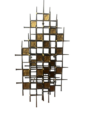 Large Brutalist Metal Wall Sculpture by Ron Schmidt with Grid “Nail Art” Design and Hammered Gold-Tone Accents