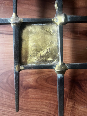 Large Geometric Brutalist Wall Sculpture by Ron Schmidt with Grid “Nail Art” Design and Gold-Tone Hammered Accents