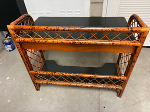 Vintage British Colonial Style Writing Desk with Burnt Bamboo Frame and Black Lacquered Cracked Top