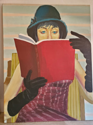 Jorge Rios (2011) Oil Painting of a Woman Reading “The Capital” After Karl Marx, Burgundy Dress, Striped Pastel Background