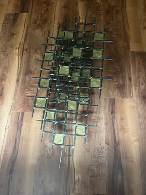 Large Geometric Brutalist Wall Sculpture by Ron Schmidt with Grid “Nail Art” Design and Gold-Tone Hammered Accents