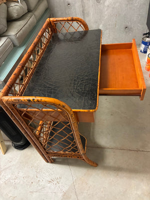 Vintage British Colonial Style Writing Desk with Burnt Bamboo Frame and Black Lacquered Cracked Top