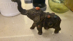 Vintage Indo-Persian Style Brass & Bronze Elephant Figurine with Twisted Wire Filigree and Cabochon Stones