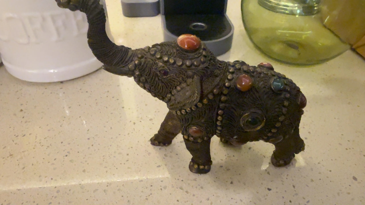 Vintage Indo-Persian Style Brass & Bronze Elephant Figurine with Twisted Wire Filigree and Cabochon Stones