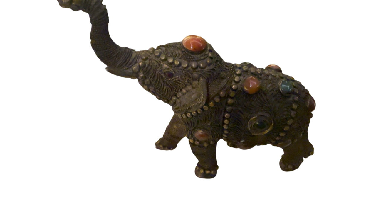 Vintage Indo-Persian Style Brass & Bronze Elephant Figurine with Twisted Wire Filigree and Cabochon Stones