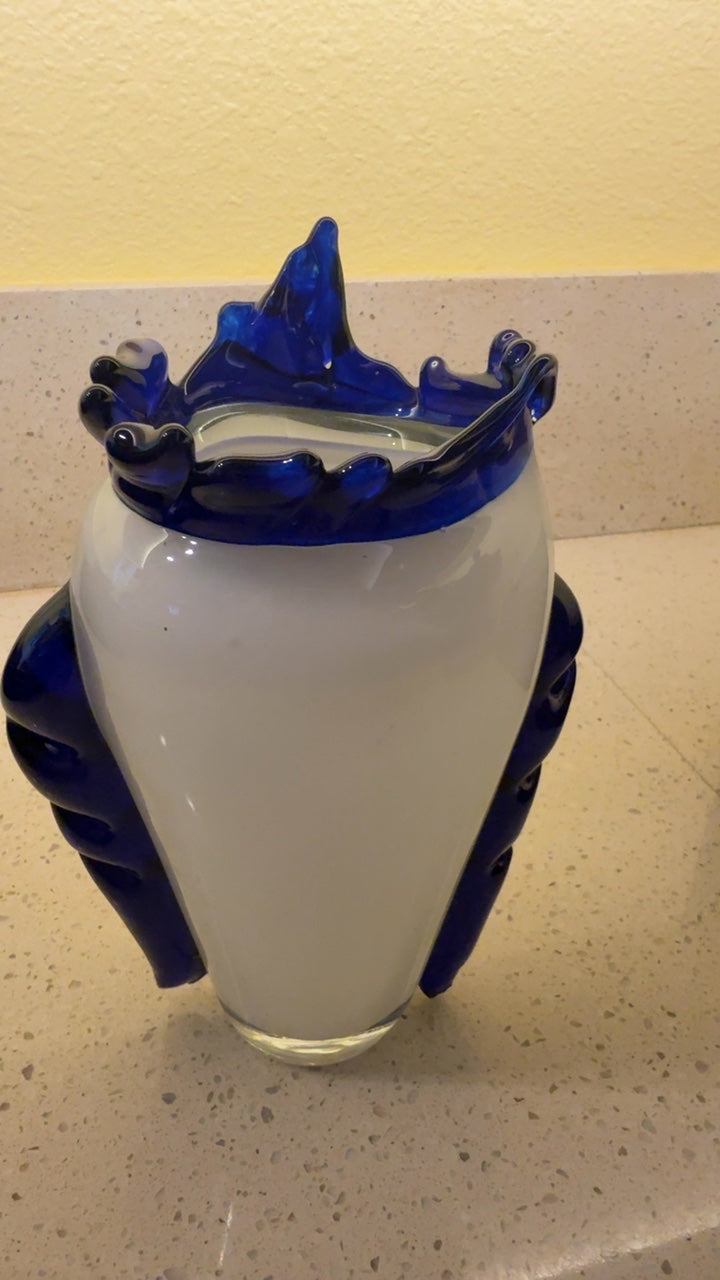 Vintage Murano-Style Hand-Blown Art Glass Vase, Milk-White Opaque with Cobalt Blue Rim & Side Handles