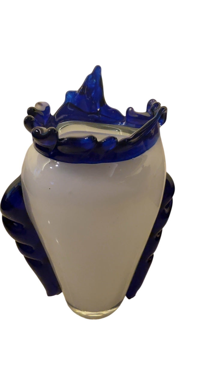 Vintage Murano-Style Hand-Blown Art Glass Vase, Milk-White Opaque with Cobalt Blue Rim & Side Handles