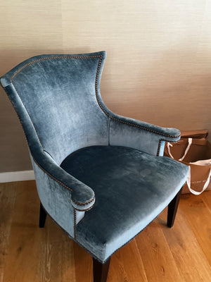 10 Custom Aegean Textile Dining Chairs  (8 Armless, 2 With Arms) With Curved Backs, Tapered Legs & Nailhead-Style Trim
