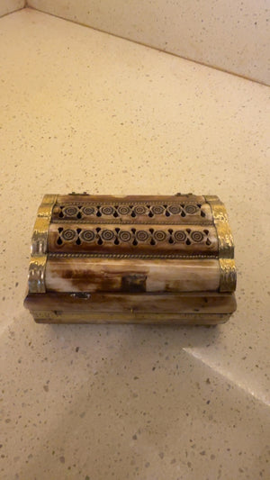 Vintage Hand-Carved Camel Bone & Brass Trinket Box with Ornate Pierced Curved Lid