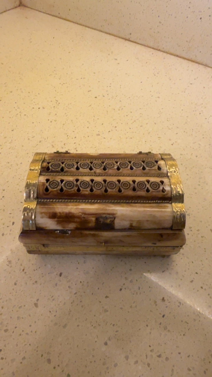 Vintage Hand-Carved Camel Bone & Brass Trinket Box with Ornate Pierced Curved Lid